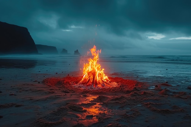 Fuoco di campo che scoppia sulla spiaggia di sabbia fotografia professionale