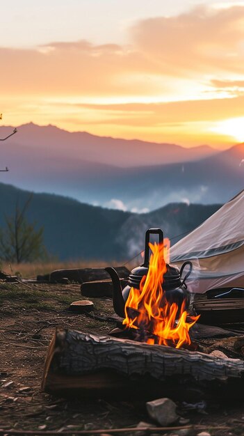 Fuoco di campo e tenda per la teiera e montagne