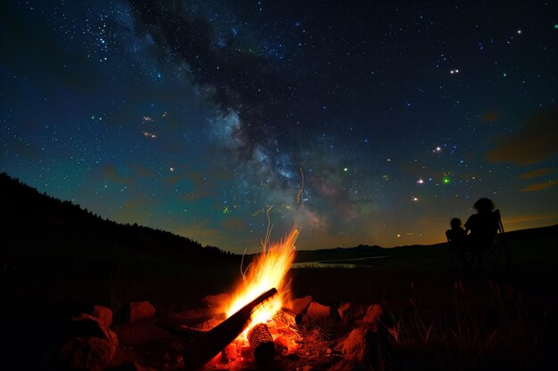 Fuoco di campo in primo piano con silhouette che guardano le meteore