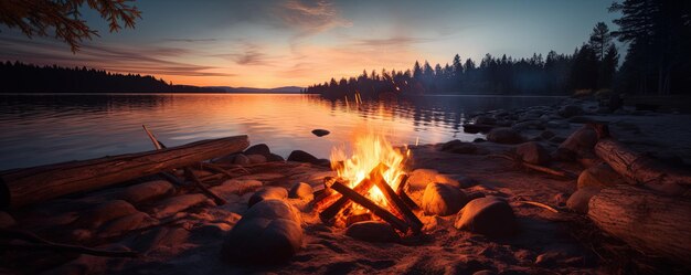 Fuoco di campo luminoso vicino al lago Sunset con fiamme aperte fuoco e tronchi Campeggio sulla spiaggia di notte Paesaggio sereno del lago