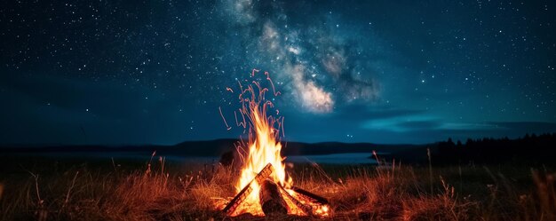 Fuoco di campo sotto le stelle in una notte limpida