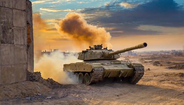 fuoco e fumo nel deserto forze speciali militari carro armato con la guerra in città con il cielo al tramonto