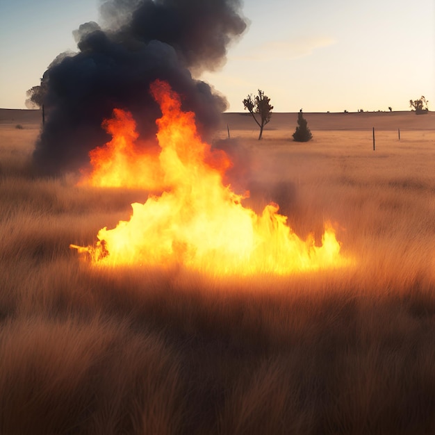 Fuoco in una steppa erba secca che brucia fumo pesante nell'atmosfera Generazione AI