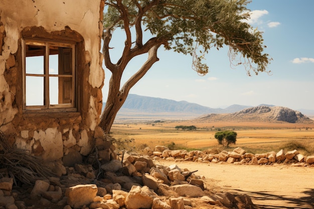 Fuori dalla finestra una piccola oasi con alberi di cocco e erba nel grande deserto senza fine