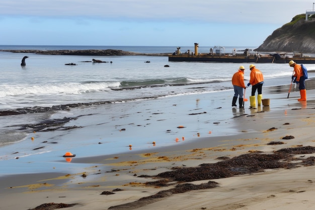 Fuoriuscita di petrolio sulla spiaggia con passanti e personale di pulizia sullo sfondo creato con l'IA generativa