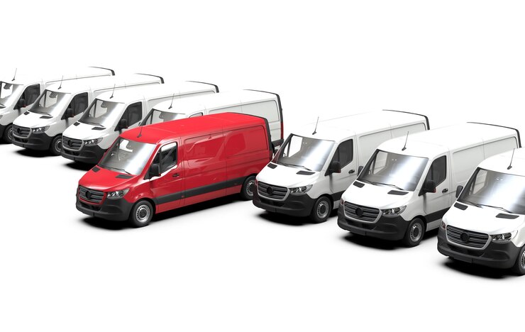 Furgone commerciale rosso e flotta di camion bianchi illustrazione 3D