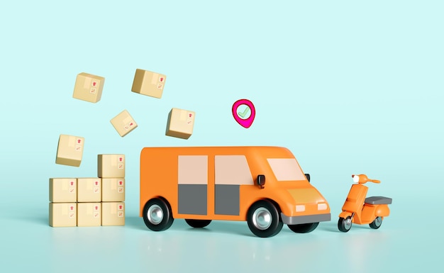 Furgone di consegna di camion arancione 3d con imballaggio di scooter pin merci scatola di cartone segno di spunta isolato su sfondo blu concetto di trasporto di servizio di spedizione illustrazione di rendering 3d
