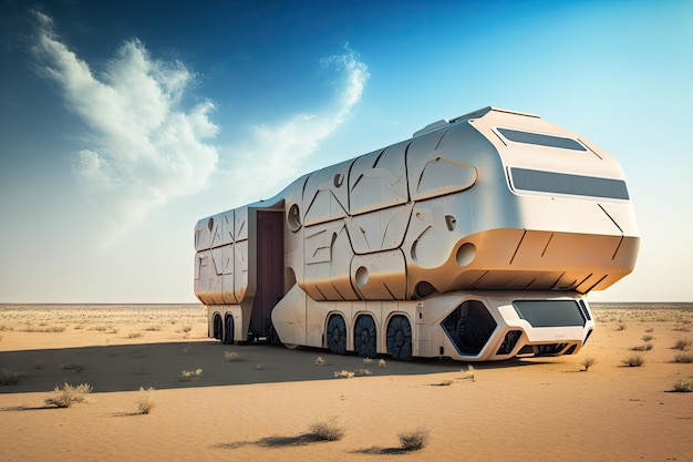 Furgone futuristico del futuro trasporto di container lungo la steppa futuristica vuota