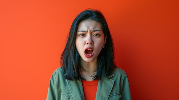 Furia domata giovane donna cinese che esprime rabbia e frustrazione isolata su uno sfondo solido con spazio di copia