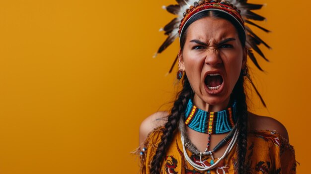 Furia scatenata donna nativa americana che trasuda rabbia e frustrazione isolata contro uno sfondo solido con spazio di copia