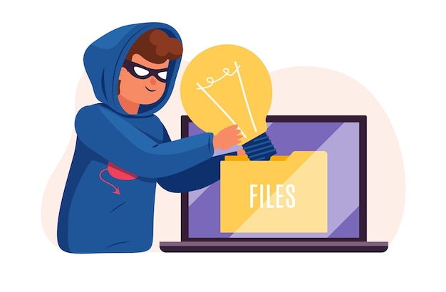 Furto di idee plagio uomo in maschera rubando idea di lampadina da un altro proprietario hacker lavora su laptop proprietà intellettuale criminale anonimo concetto vettoriale isolato piatto cartone animato
