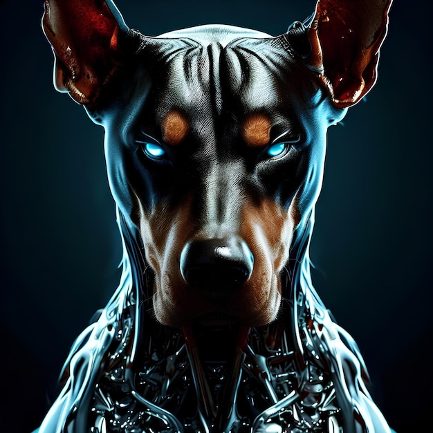 Furturista di cani doberman e mezzo cyborg poliziotto