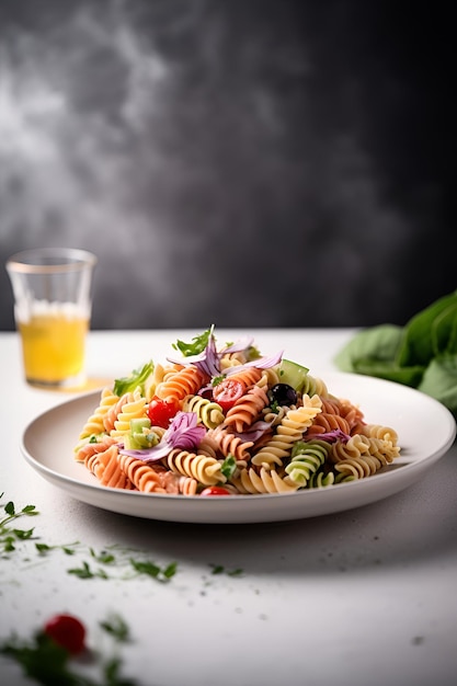 Fusilli colorati con verdure sulla piastra bianca