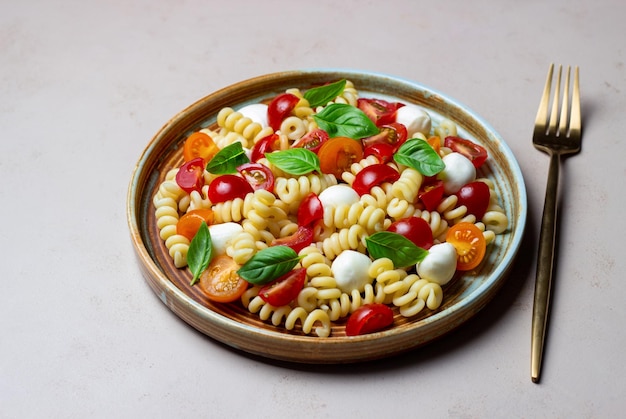 Fusilli con mozzarella, pomodori e basilico Cibo italiano Alimentazione sana Cibo vegetariano