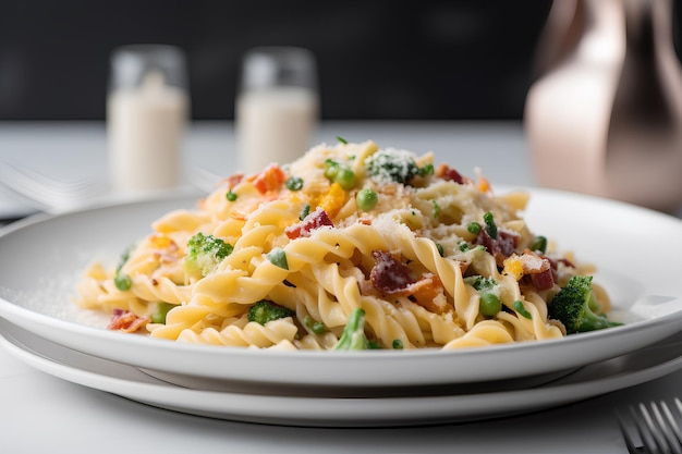 Fusilli con pancetta e verdure sul piatto Cibo italiano