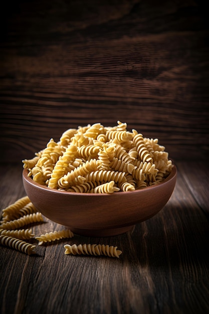 Fusilli di pasta cruda in una ciotola su fondo di legno scuro