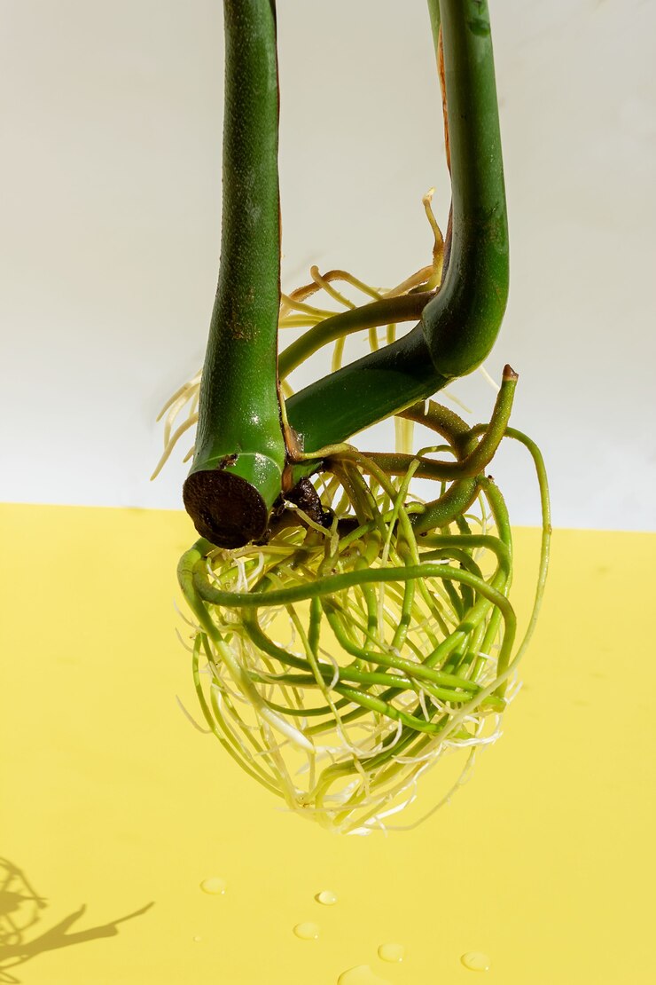 Fusto di Monstera con radici. Posto per il tuo testo.
