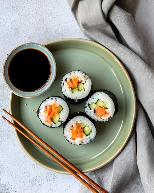 Futomaki sushi su un piatto verde con shoyuu in una piccola ciotola ci sono due bacchette e un panno