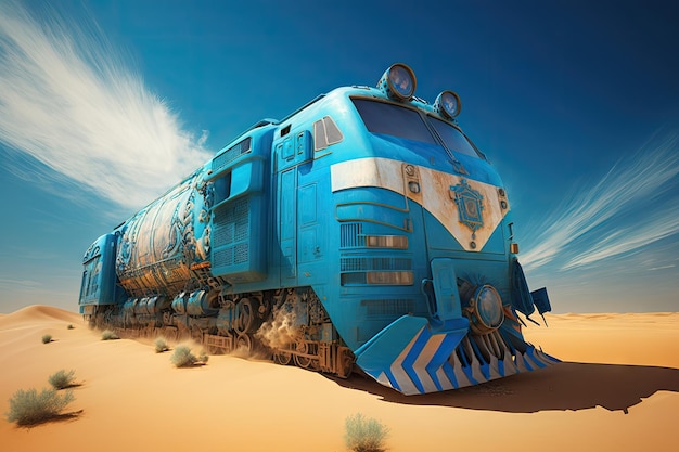 Futonomous treno merci del futuro con locomotiva blu brillante attraversa il deserto creato con generativo