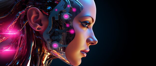 Futur cyber femminile ai relazione intricata tra l'umanità e il concetto di intelligenza artificiale