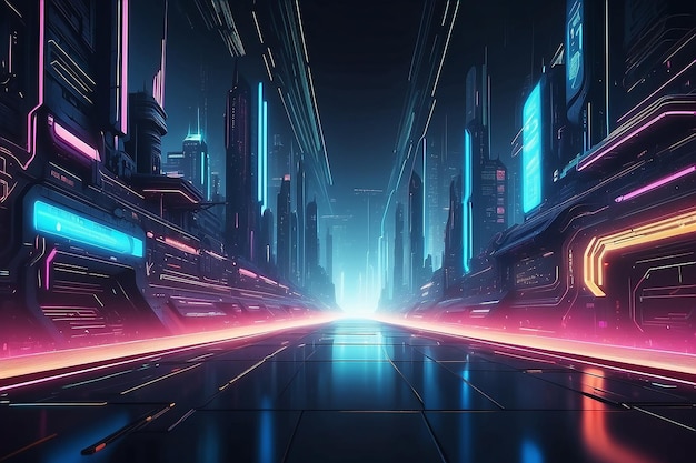 Futura linea tecnologica sfondo ed effetto luce in stile cyberpunk con tecnologia