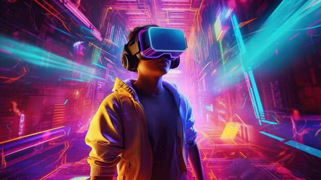 Futura tecnologia digitale metaverse gioco e intrattenimento adolescente che si diverte giocare VR realtà virtuale occhiali sport gioco 3D cyberspace futuristico neon sfondo colorato generativo ai