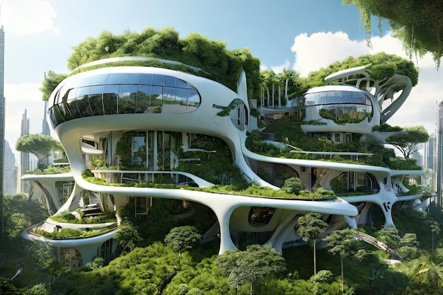 Future abitazioni nella giungla Architettura ingegnosa di sopravvivenza Un'oasi urbana futuristica che mescola la natura