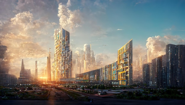 Future City sulla costa3d render Illustrazione raster