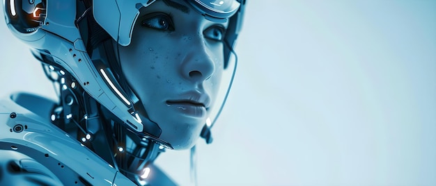 Future Robot Innovations Closeup di un Android umanoide femminile con sistema operativo avanzato in toni blu Concept Robotics Technology Humanoid Android Advanced Operating System Toni blu