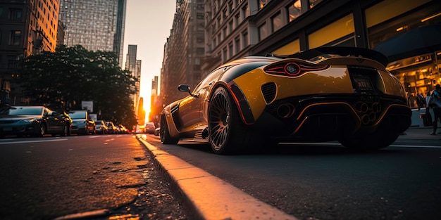 Future Sportscar fa un inseguimento selvaggio New york City 42nd street con il tramonto sullo sfondo AIGenerated
