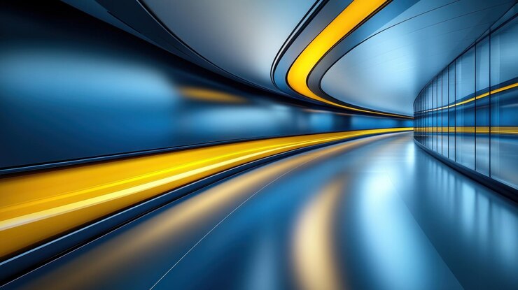 Futuristic blue and yellow corridor with glass walls and glowing lines