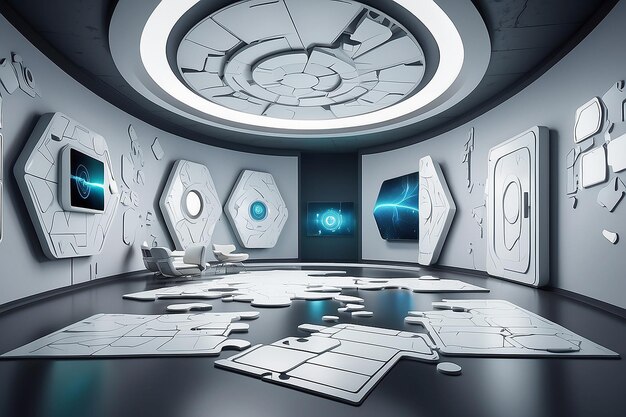 Futuristic Escape Room Virtual Reality Mockup con puzzle artistici e interazione multiplayer