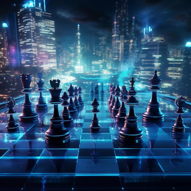 Futuristic Fusion Holographic Chess in a Dark Scene Strategia di miscelazione AI e interazione uomo-macchina AI generativa