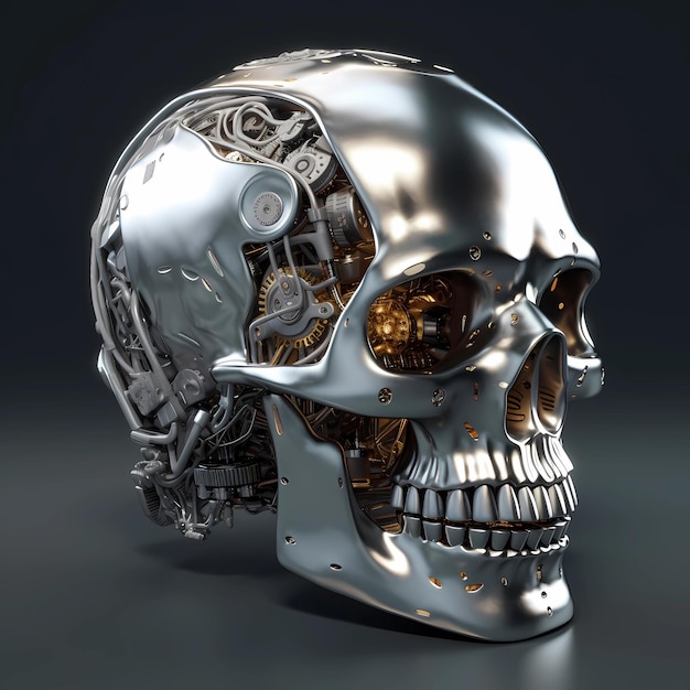 Futuristic Fusion un cyberskull di metallo con un cervello artificiale all'interno