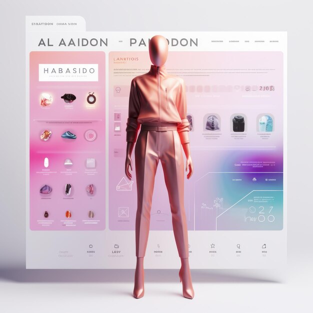 Futuristic HD 8K UI UX Web Design Virtuale Zalando Vestito da camerino con Zalando Avatar in un Wh