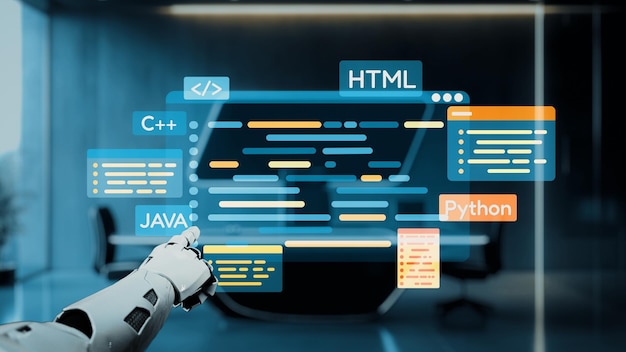 futuristic humanoid robot interacting with digital programming interface displaying various coding languages and technologies in a modern office environment auvana