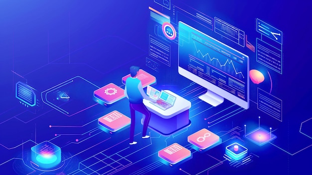 Futuristic illustration of a man interacting with advanced digital interfaces and big data analytics