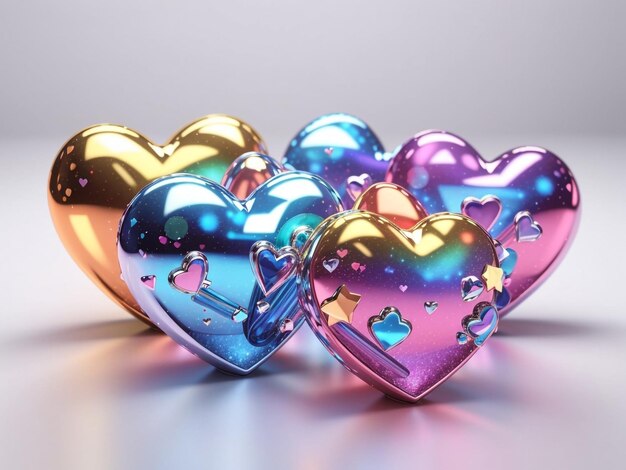 Futuristic Love 3D Holographic Hearts in stile Y2K Set Isolato