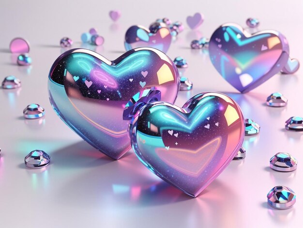 Futuristic Love 3D Holographic Hearts in stile Y2K Set Isolato