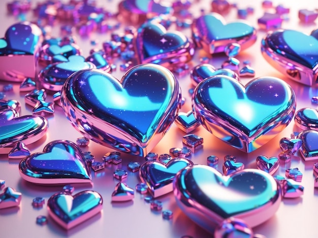 Futuristic Love 3D Holographic Hearts in stile Y2K Set Isolato