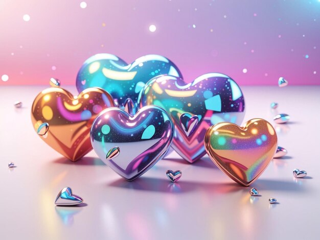 Futuristic Love 3D Holographic Hearts in stile Y2K Set Isolato