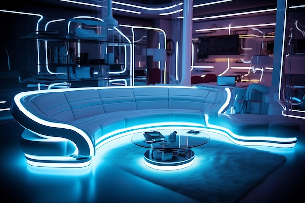 Futuristic Modern Dark Retro Laser Lights Neon Glowing Lights Bar con divano e generativo Ai