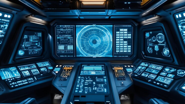 Futuristic spaceship cockpit with glowing blue screens