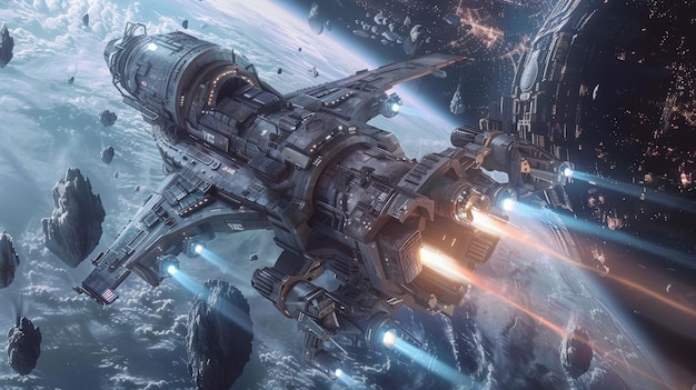 Futuristic spaceship navigating through an asteroid field in deep space with vibrant light trails and detailed mechanical designs