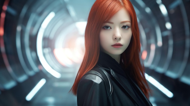 Futuristica adolescente cinese donna con capelli rossi dritti illustrazione fotorealista ritratto di una persona sullo sfondo di un film sci-fi futuristico Ai generato illustrazione orizzontale