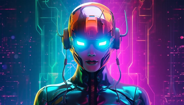 Futuristica androide neon cyberpunk Hardwired cyberpunk illustrazione 3D di fantascienza cyberpunk