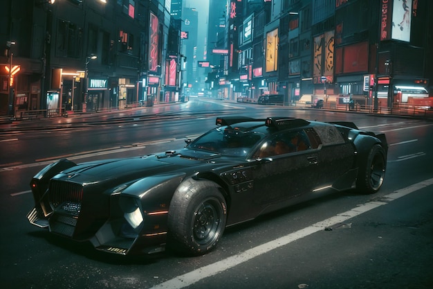 Futuristica auto da corsa di lusso cyberpunk per le strade di una città al neon