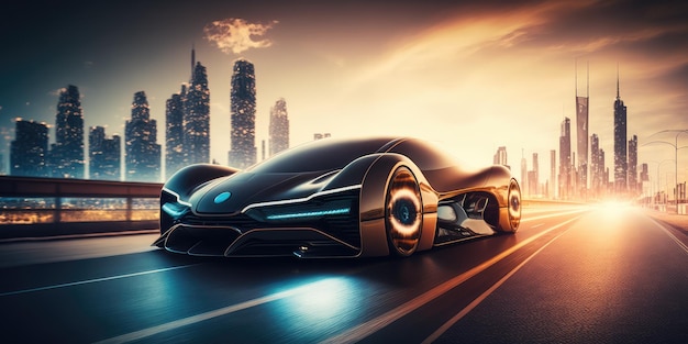 Futuristica auto elettrica super car guida su strada autostradale con sfocatura di movimento