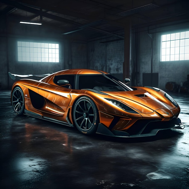 Futuristica auto sportiva arancione nel garage rendering 3D