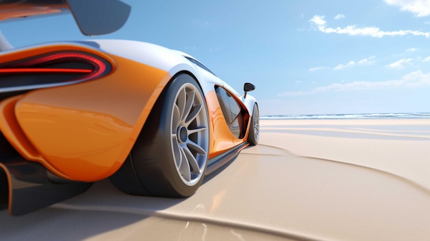 Futuristica auto sportiva arancione sulla spiaggia rendering 3D